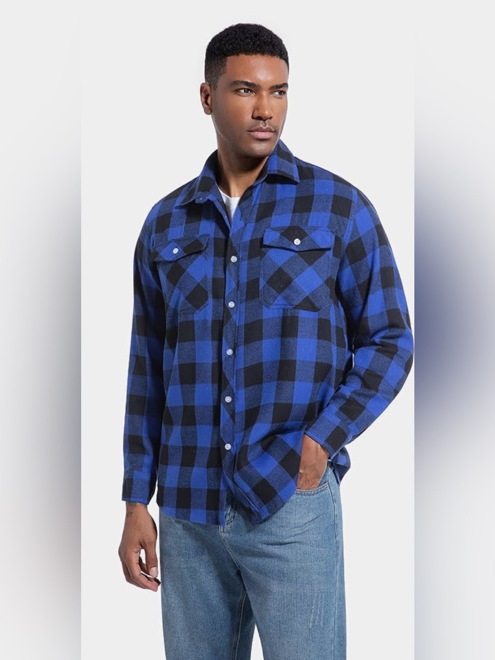 NWOT-5XL Men's Italian Blue & Black Plaid Button-Up performance Flannel
Shirt